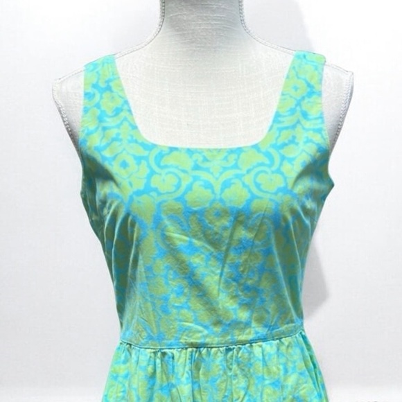 🌻Garnet Hill Green & Blue Floral Fit & Flare Cotton Sleeveless Dress Size 6 - Picture 2 of 7